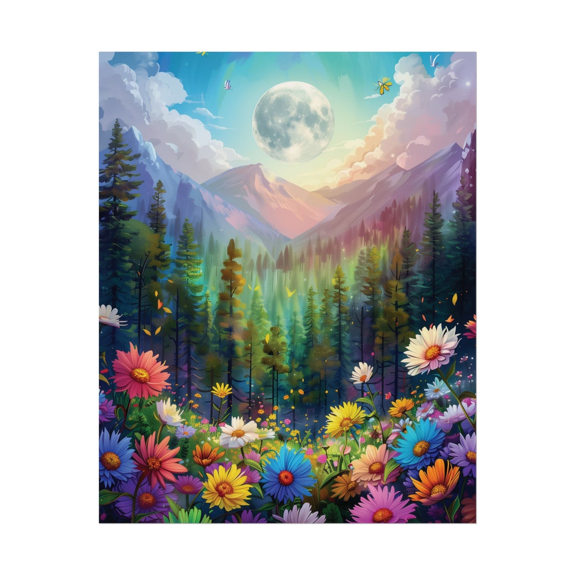 Full Moon Mountain Forest Valley Wildflower Night Sky Nature Poster - Image 2