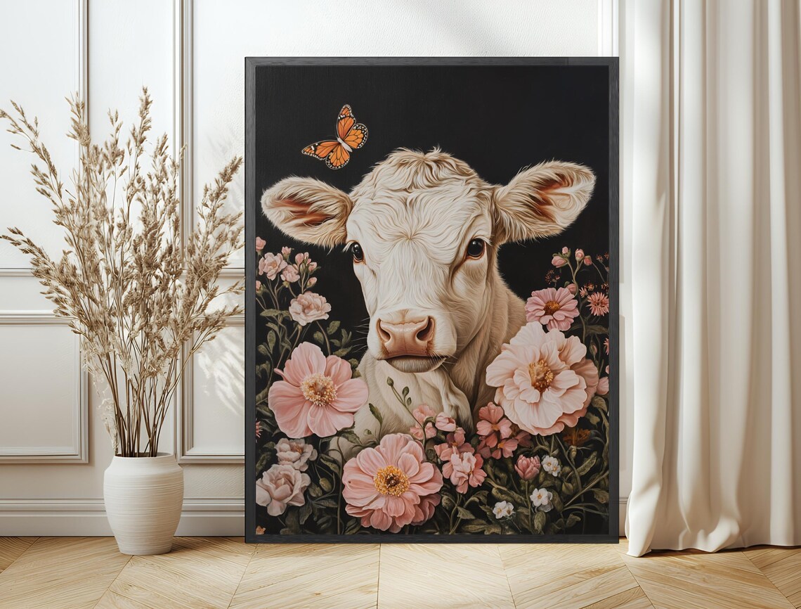 Sweet White Calf Monarch Butterfly Pink Blossom Farm Animal Print - Image 6