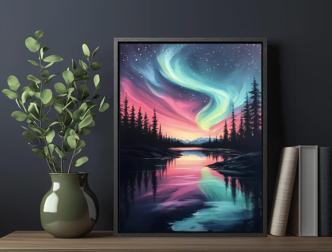 Pink Teal Aurora Borealis Swirl Starry Night Lake Mountains Poster - Image 6