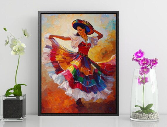 Colorful Mexican Folk Dancer Traditional Dress Sombrero Oil Painting Print