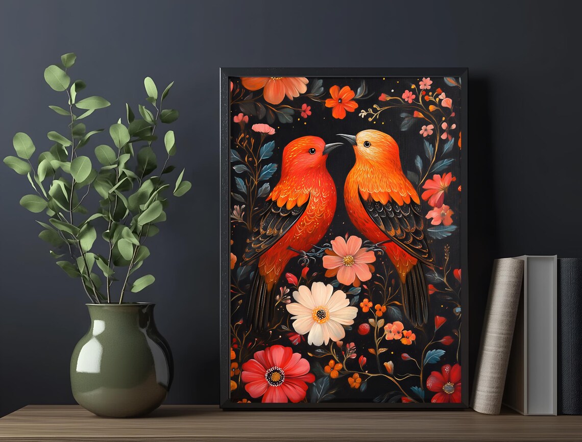Orange Lovebirds Folk Floral Black Background Whimsical Art Poster - Image 6
