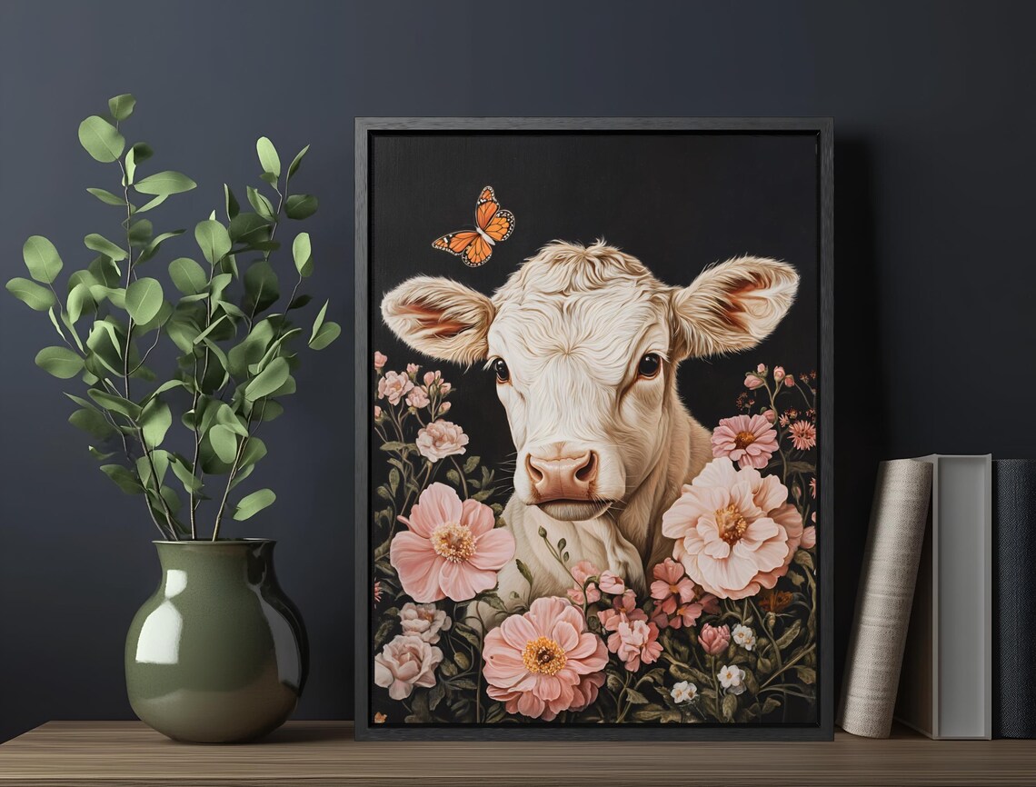 Cute White Calf Butterfly Pink Flowers Dark Background Nursery Print - Image 6