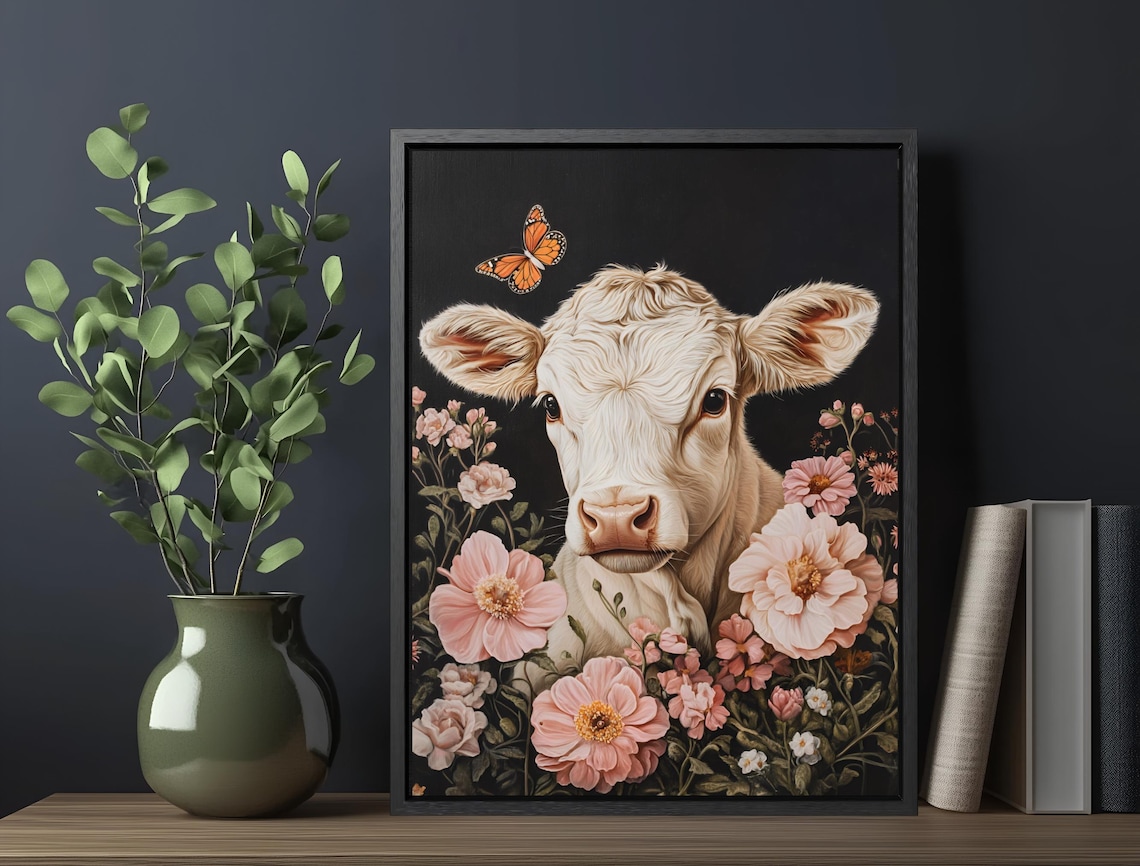 Sweet White Calf Monarch Butterfly Pink Blossom Farm Animal Print - Image 5
