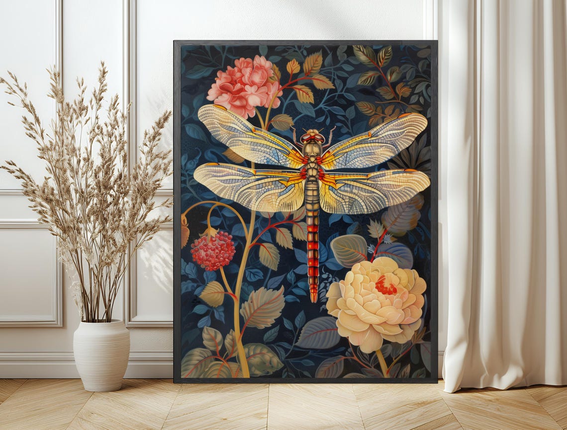 Dragonfly Botanical Art Nouveau Dark Navy Vintage Nature Wall Poster