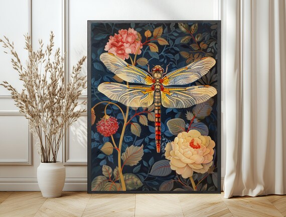 Dragonfly Wall Art Print Insect Dcor Vintage Botanical Art Mid Century Style Eclectic Living Room Decor