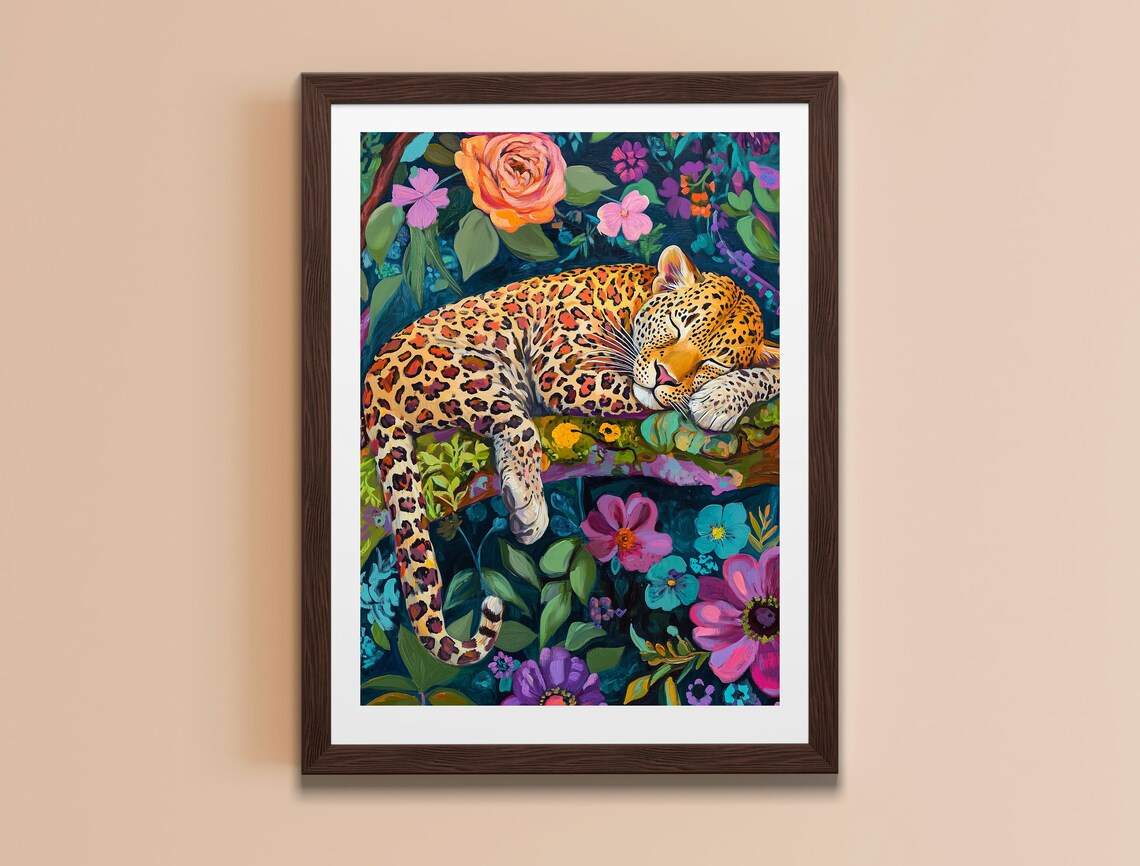Leopard Sleeping Branch Vivid Jungle Flowers Maximalist Animal Art Poster - Image 3