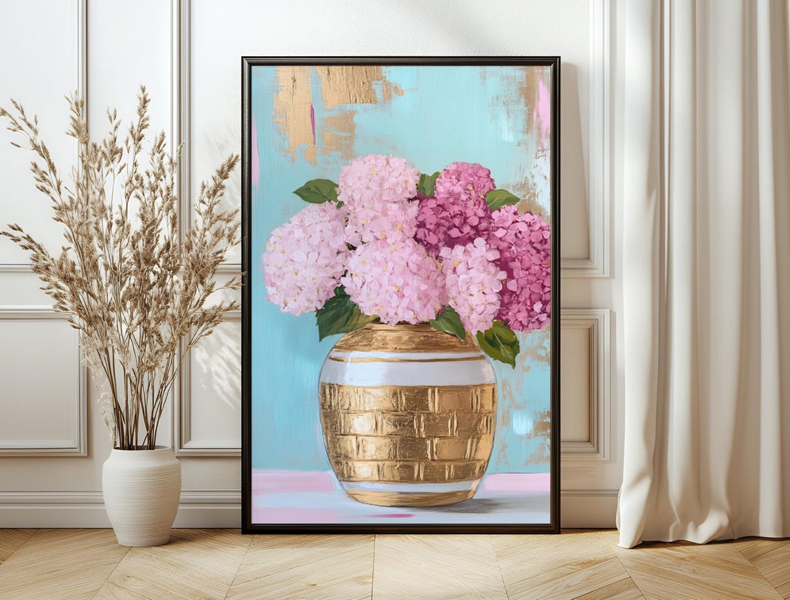 Hydrangea Bouquet Gold Textured Vase Blue Pink Maximalist Wall Art
