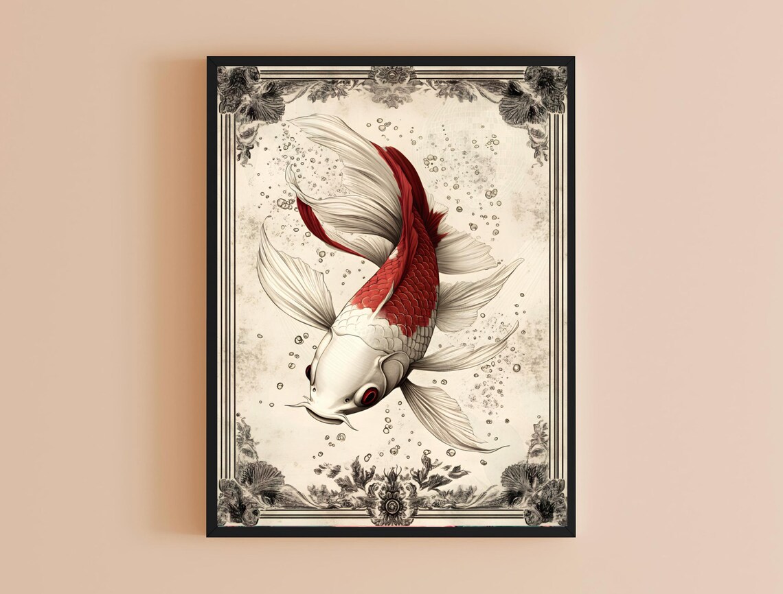 Red White Koi Fish Flowing Fins Vintage Engraved Japanese Art Poster - Image 4