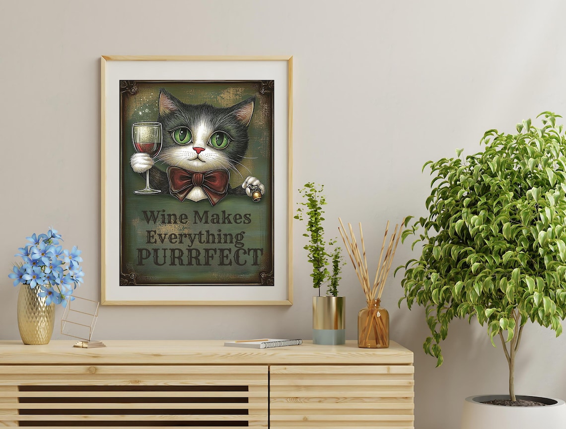 Wine Makes Everything Purrfect Tuxedo Cat Bow Tie Funny Wine Art Poster - Image 3