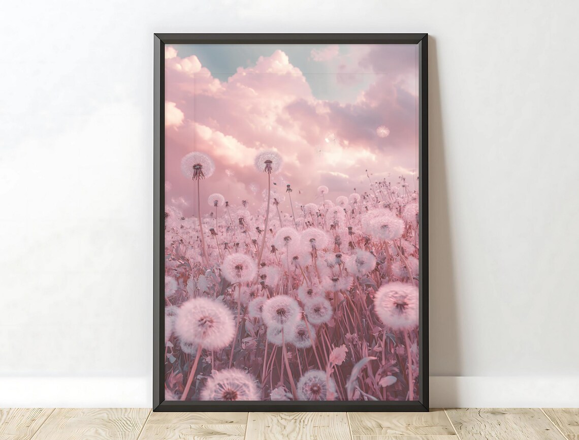 Pink Dandelion Seed Heads Field Dreamy Pastel Sky Botanical Art Poster