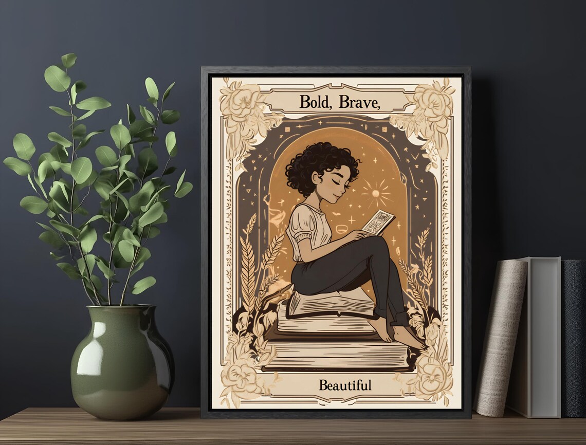 Bold Brave Beautiful Reading Girl Cream Floral Affirmation Poster - Image 5