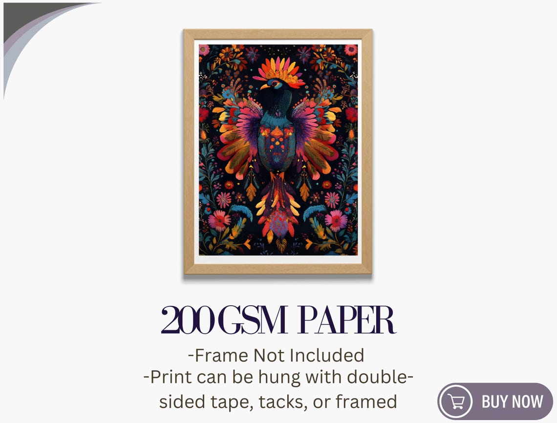 Rainbow Folk Art Bird Multicolor Feathers Dark Floral Maximalist Print - Image 5