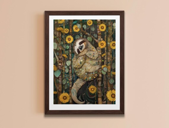Sleeping Baby Sloth Sunflowers Illustrated Nursery Animal Art Poster