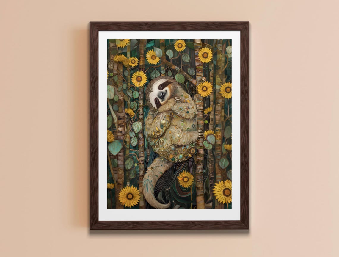 Sleeping Baby Sloth Sunflowers Illustrated Nursery Animal Art Poster