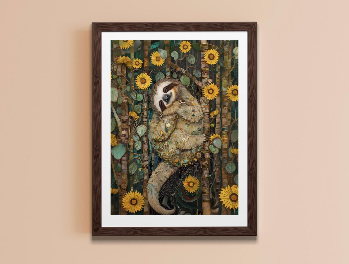Whimsical Sloth Hugging Tree Sunflowers Decorative Klimt Style Cute Animal Art Print - Image 5