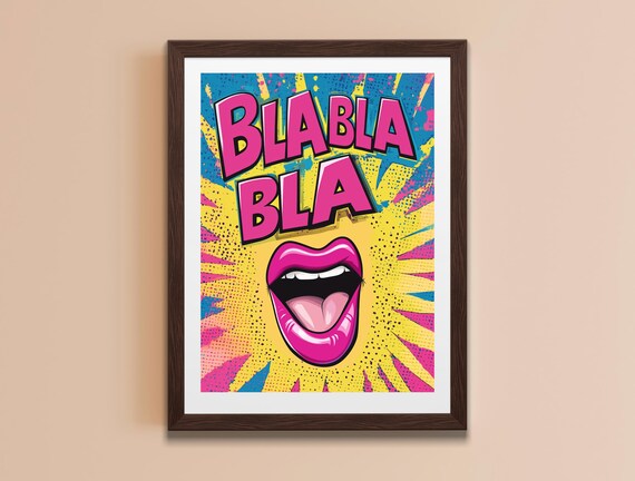 Blah Blah Blah Pop Art Pink Mouth Comic Style Retro Colorful Wall Art