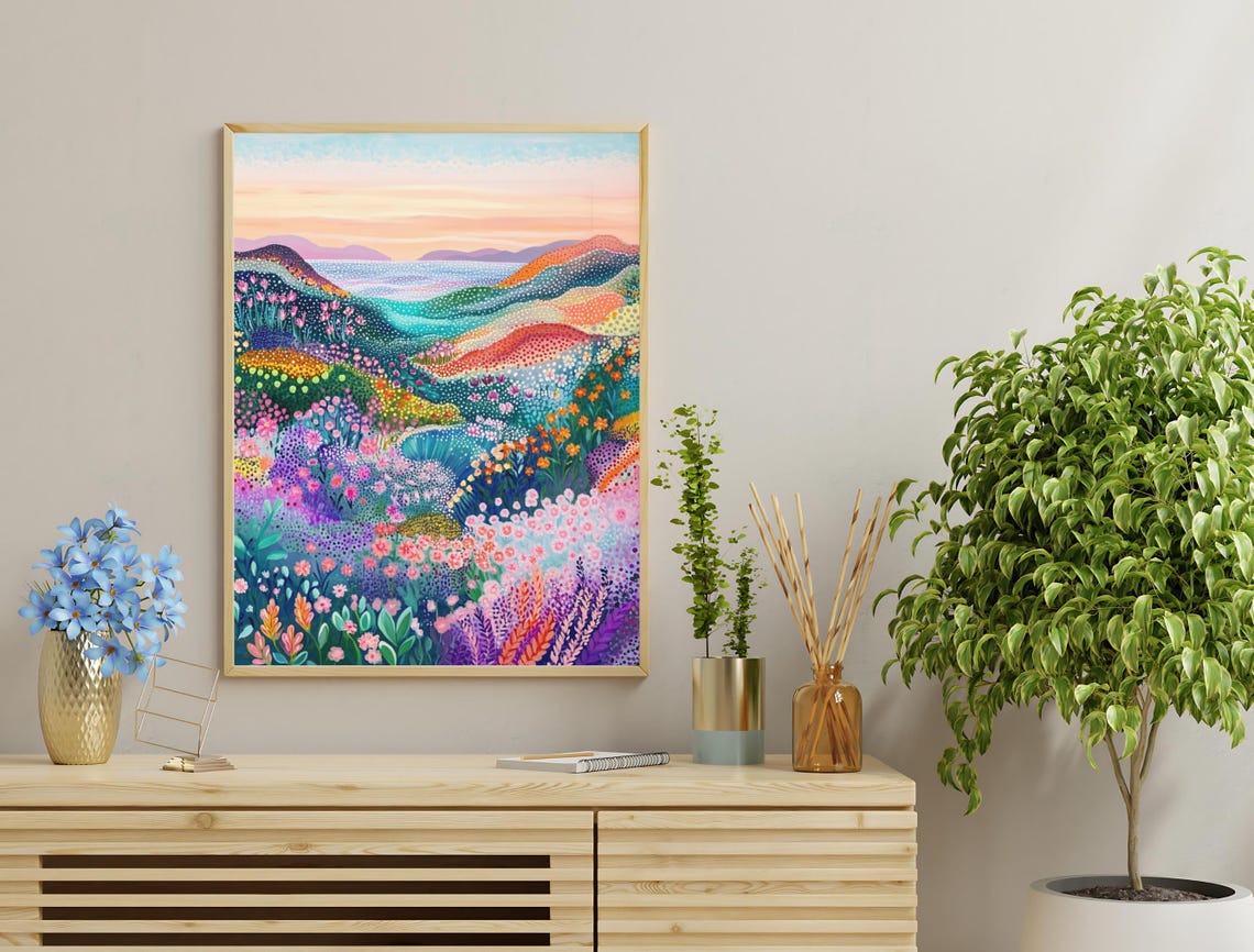 Wildflower Valley Sunset Abstract Colorful Pointillist Art Poster - Image 3