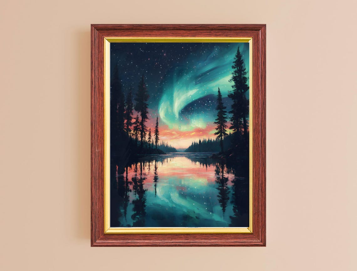 Northern Lights Teal Aurora Sunset Lake Reflection Pine Forest Poster - Image 2