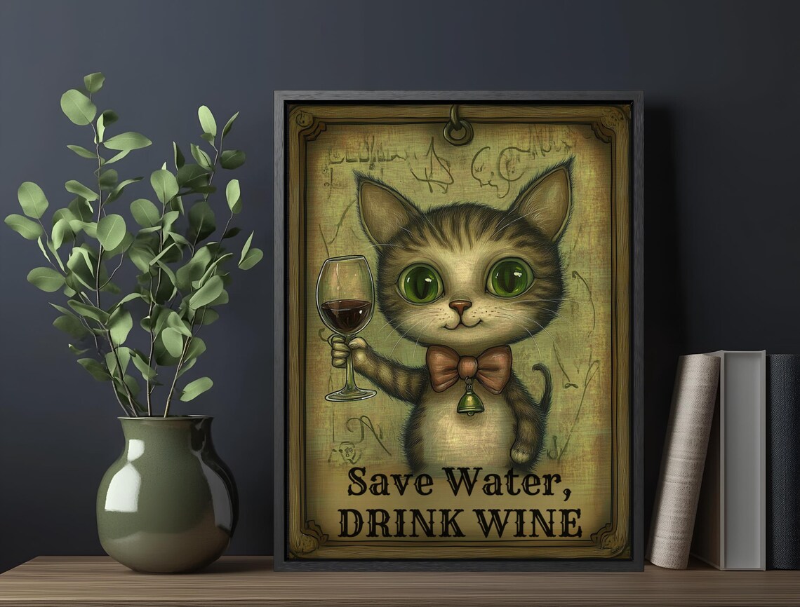Save Water Drink Wine Funny Big Eyed Kitten Holding Wine Glass Wall Art - Image 6