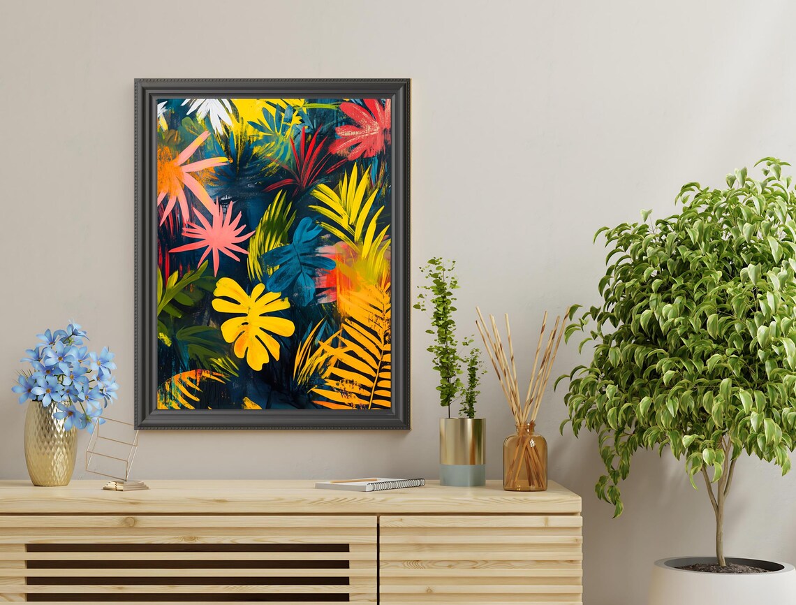 Neon Tropical Leaves Abstract Dark Navy Colorful Botanical Art Poster - Image 4