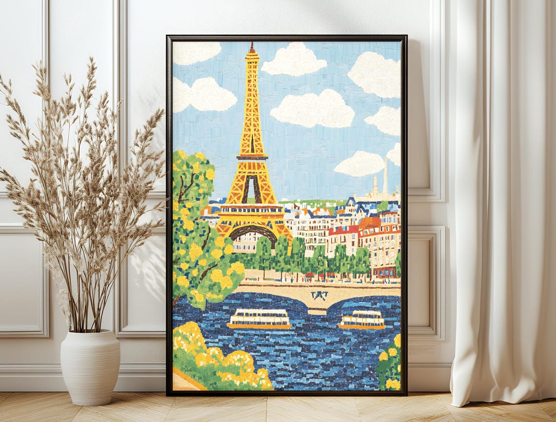 Paris Eiffel Tower Seine River Illustrated Cityscape Art Travel Poster