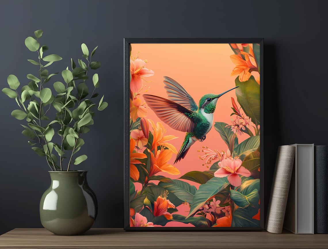 Hummingbird In Orange Tropical Flowers Sunset Glow Vibrant Wall Poster - Image 6
