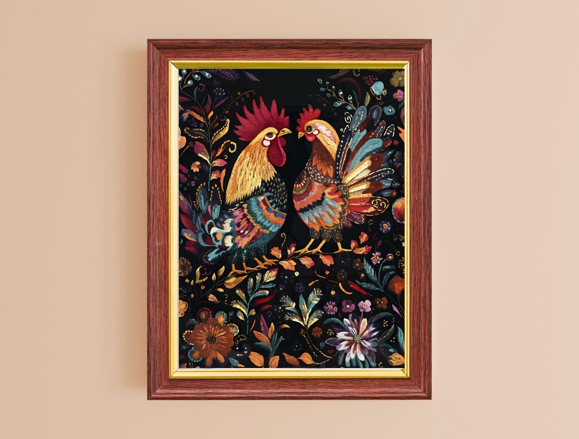 Colorful Folk Art Roosters Pair Dark Floral Background Wall Art Print - Image 2
