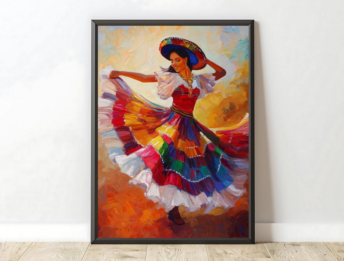 Joyful Mexican Dancer Rainbow Skirt Sombrero Expressive Oil Art Poster - Image 5