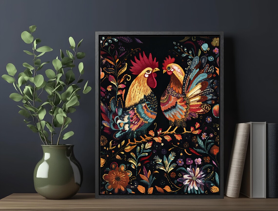 Two Colorful Roosters Folk Art Floral Dark Background Farm Print - Image 6