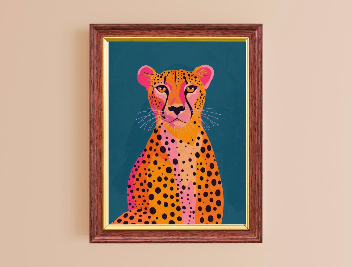 Cheetah Portrait Orange Spotted Big Cat Teal Background Bold Animal Wall Art - Image 2