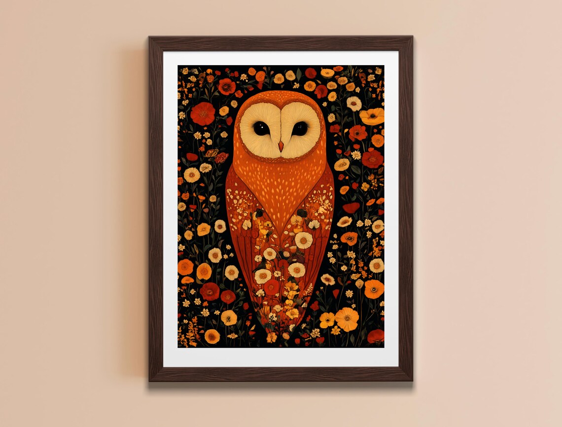 Barn Owl Among Autumn Flowers Moody Dark Floral Wall Art Print