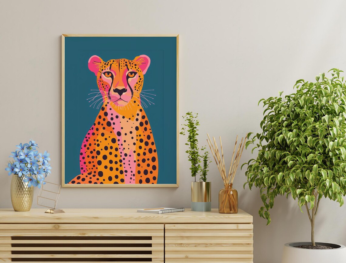 Cheetah Portrait Orange Spotted Big Cat Teal Background Bold Animal Wall Art - Image 3