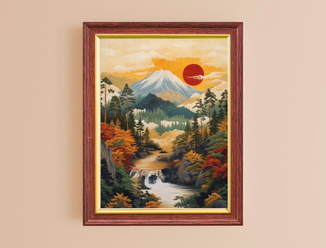 Mount Fuji Red Sun Waterfall Autumn Pines Japanese Art Wall Poster