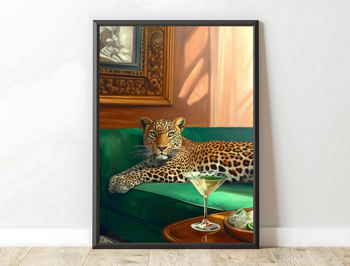 Chic Leopard Green Couch Martini Glass Humorous Luxury Animal Art Print - Image 6