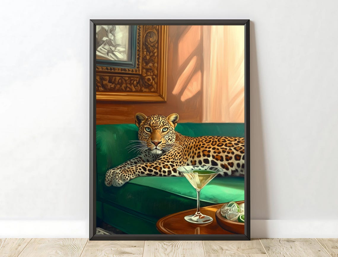 Funny Leopard Relaxing Emerald Sofa With Cocktail Bold Wall Art Poster
