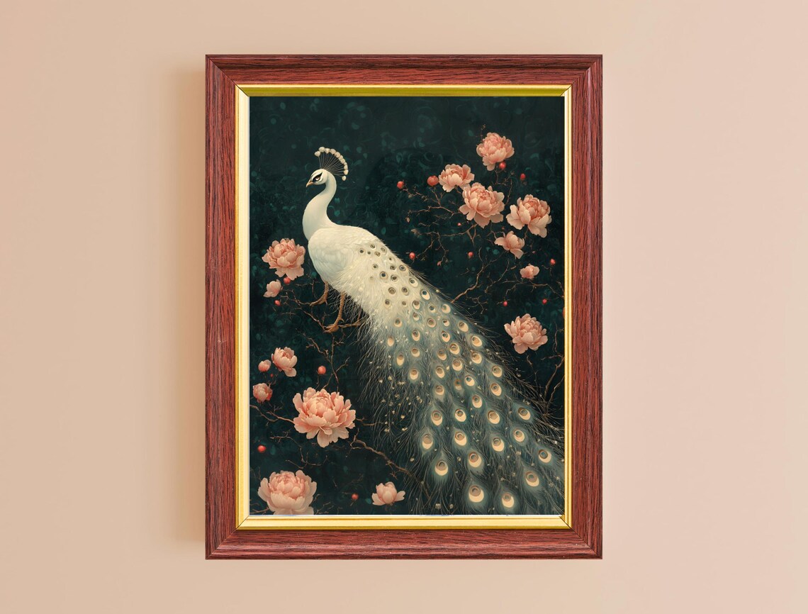 White Peacock Pink Peonies Dark Moody Floral Vintage Style Art Print - Image 2