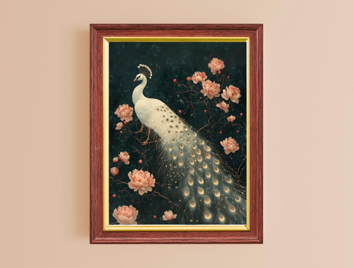 White Peacock Pink Peonies Moody Black Floral Botanical Art Print - Image 2