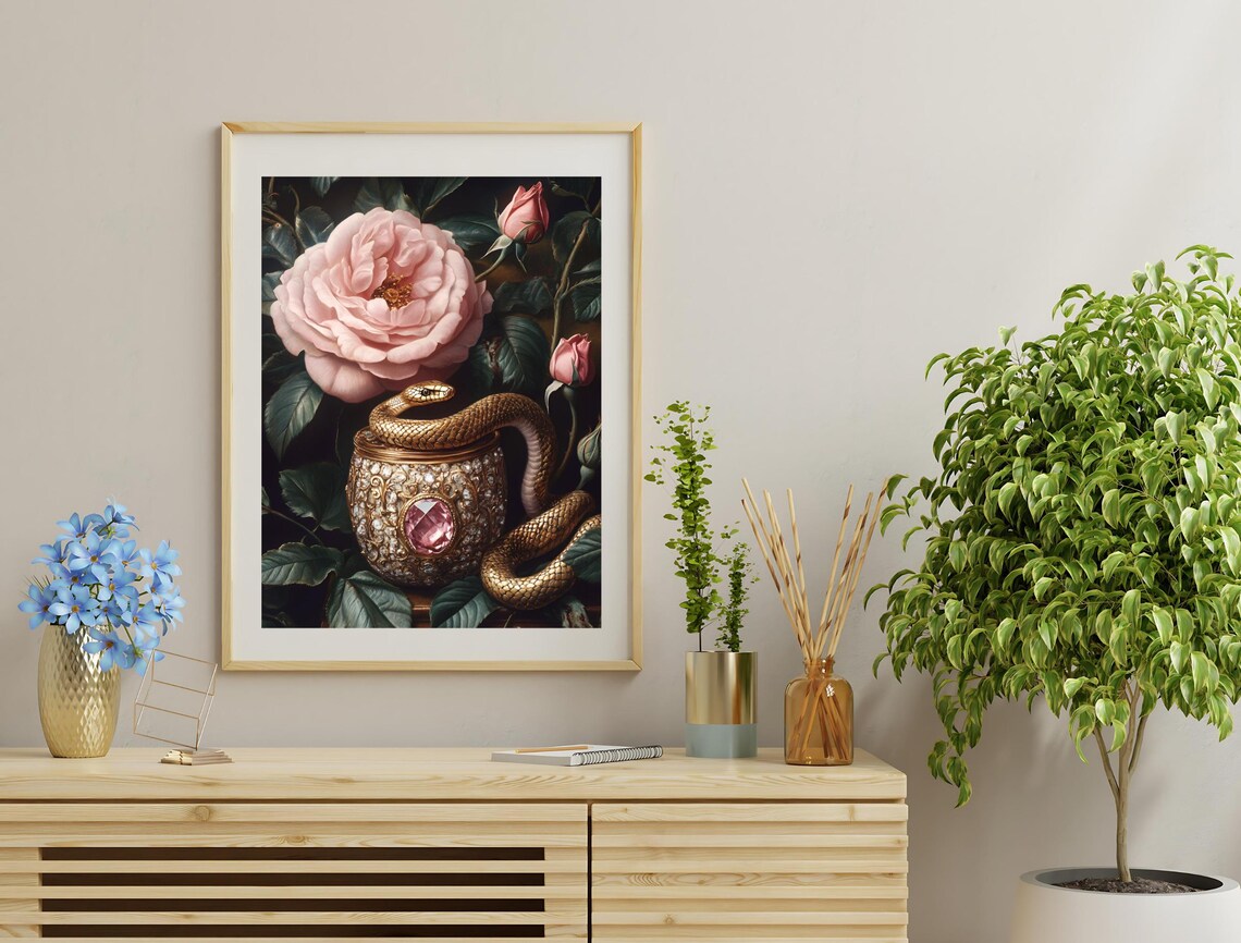 Golden Snake Jeweled Pot Pink Roses Moody Vintage Botanical Art Print - Image 3