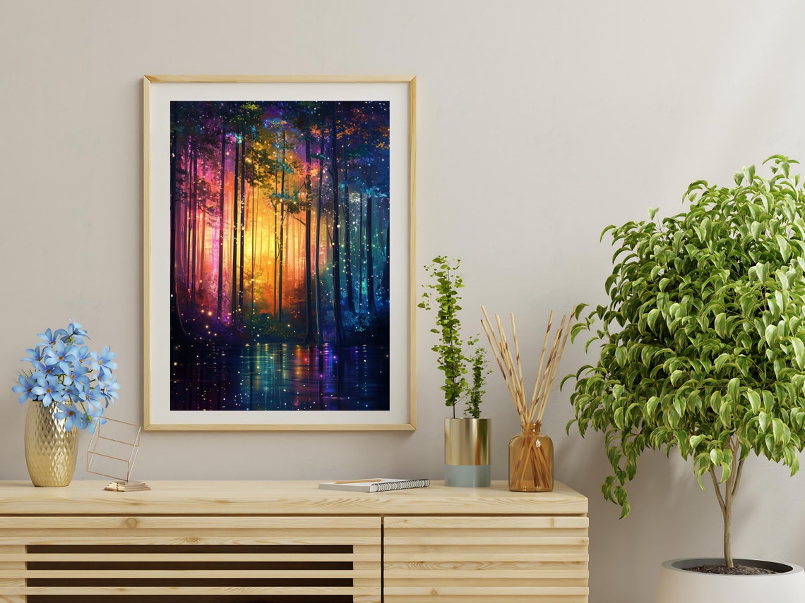 Rainbow Neon Forest Starry Sky Reflection Magical Trees Art Poster - Image 3