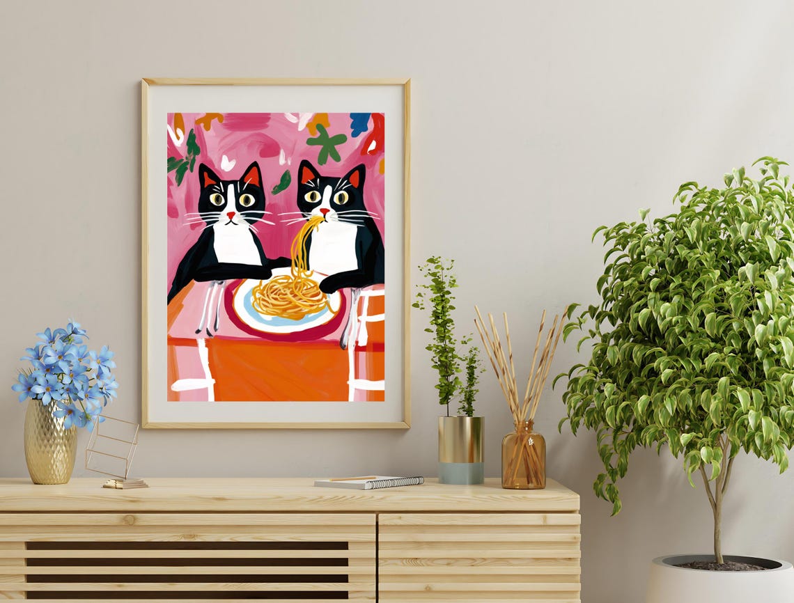 Two Black White Cats Eating Spaghetti Playful Pink Kitchen Poster - Image 3