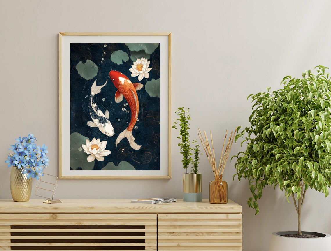 Koi Fish Pond Japanese Style Art Print Lotus Flowers Black Water Poster - Image 3