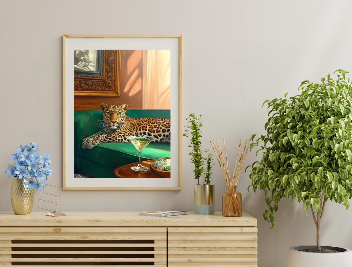 Funny Leopard Relaxing Emerald Sofa With Cocktail Bold Wall Art Poster - Image 3