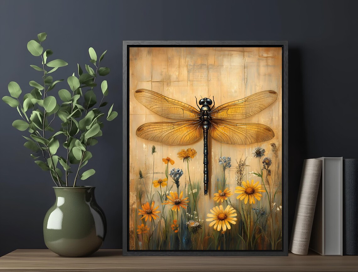 Golden Dragonfly Yellow Daisies Aged Parchment Botanical Art Print - Image 6