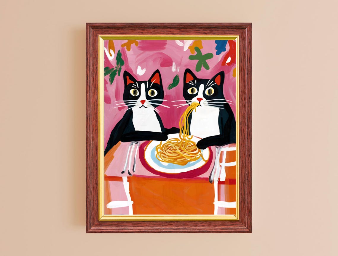 Tuxedo Cats Spaghetti Date Funny Pink Folk Art Kitchen Wall Poster - Image 2