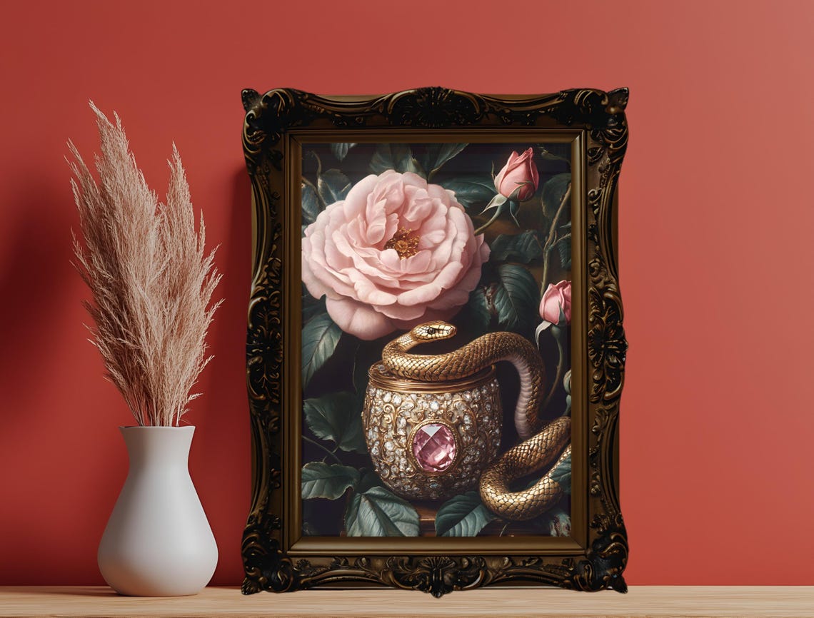 Golden Snake Jeweled Goblet Pink Rose Dark Botanical Maximalist Poster - Image 6
