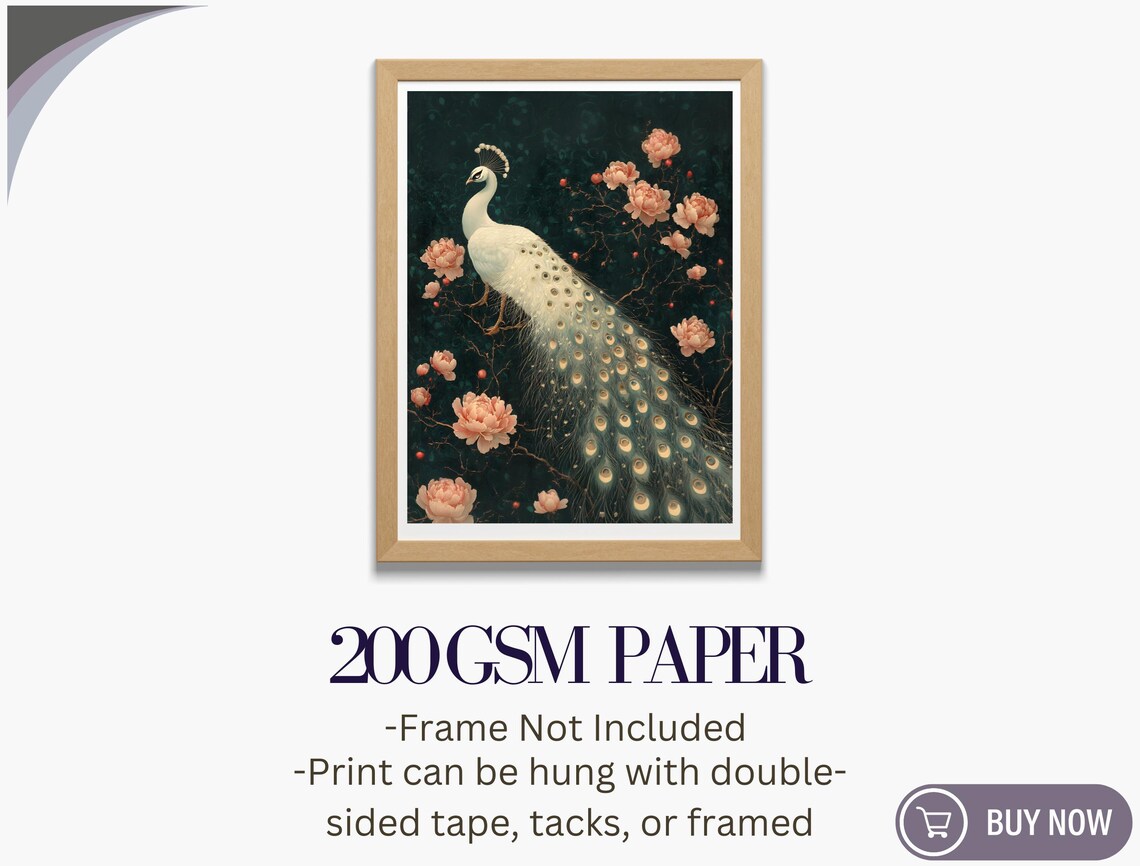 White Peacock Pink Peonies Dark Moody Floral Vintage Style Art Print - Image 5