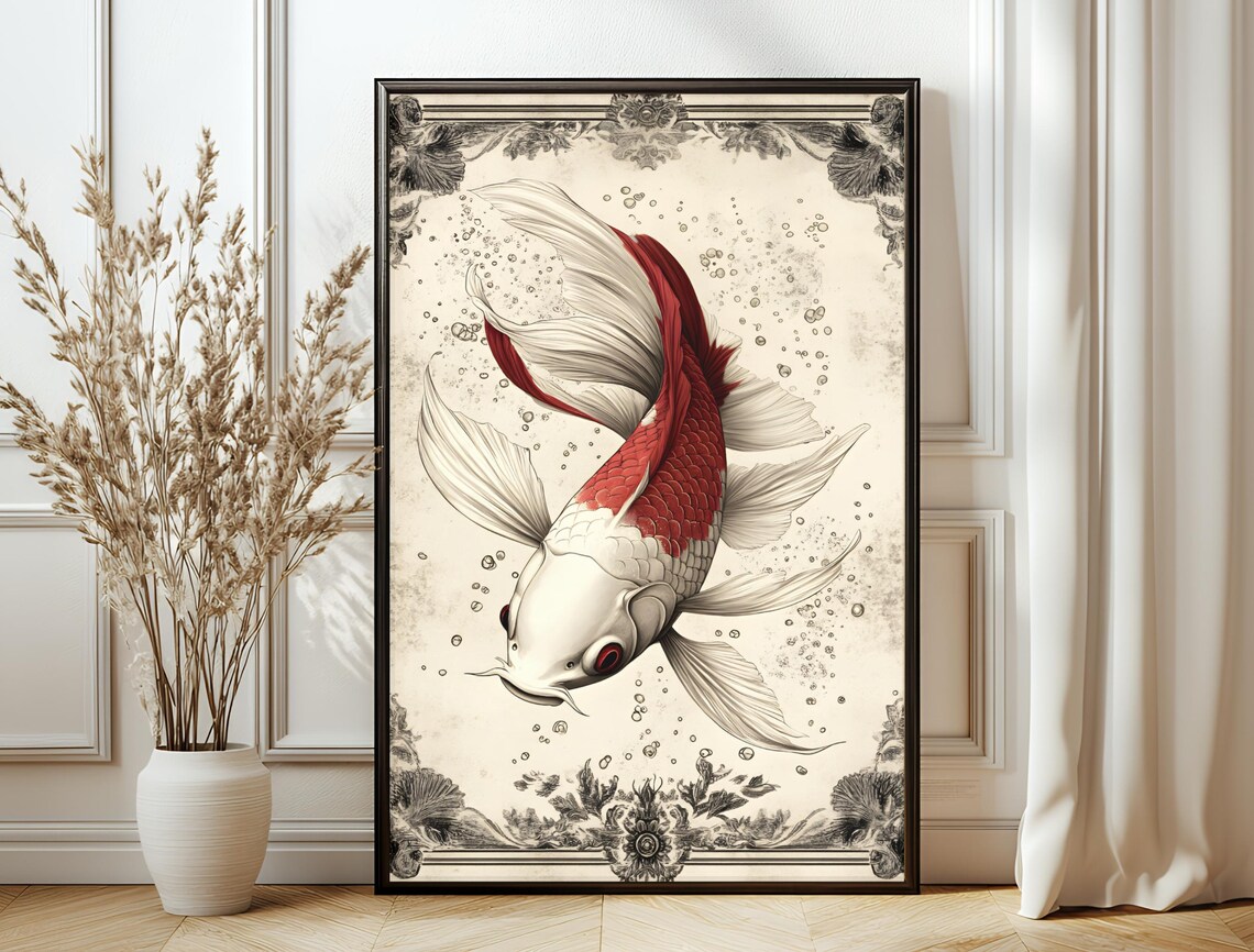Red White Koi Fish Flowing Fins Vintage Engraved Japanese Art Poster