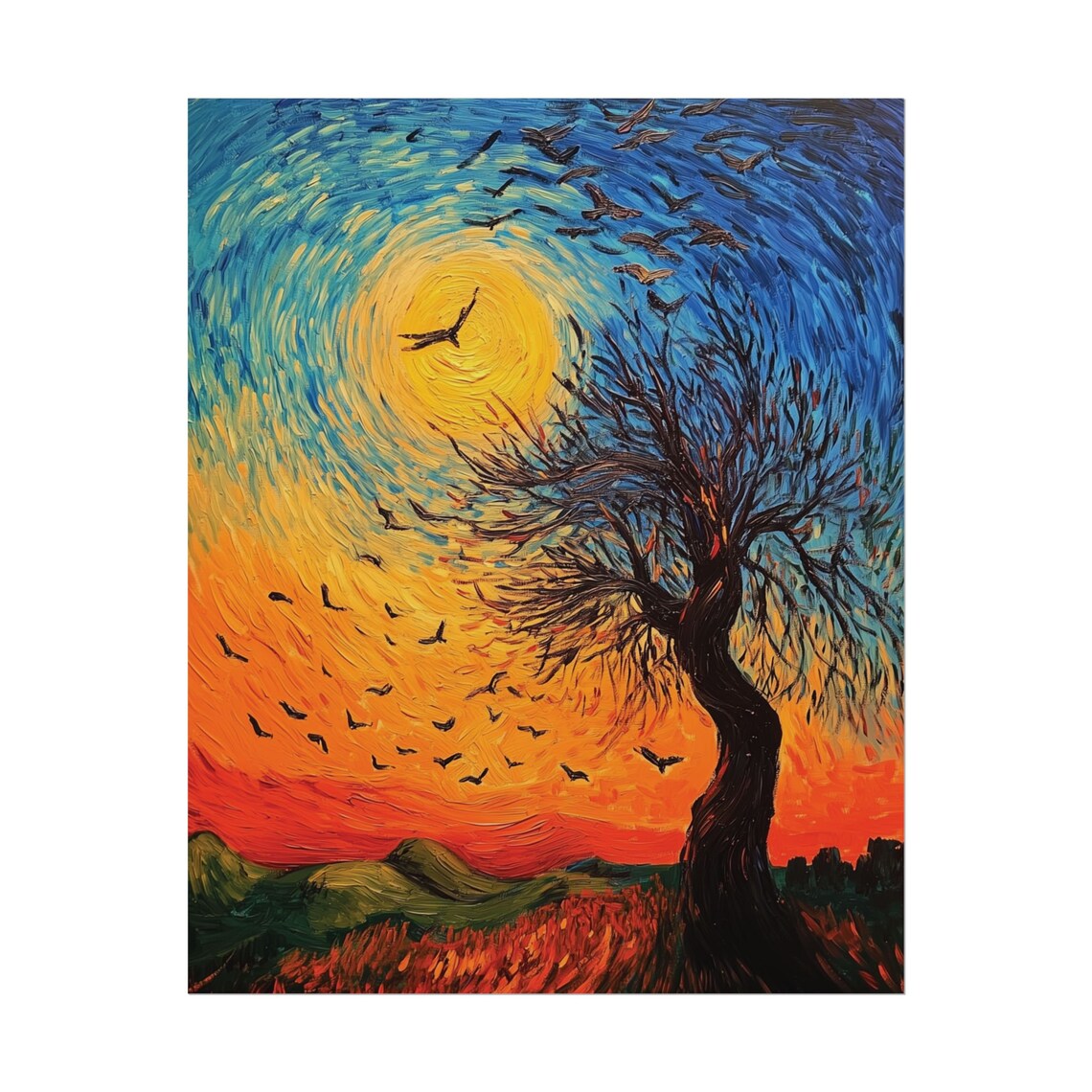 Van Gogh Style Sunset Tree Swirling Sky Flock of Birds Starry Art Poster - Image 2