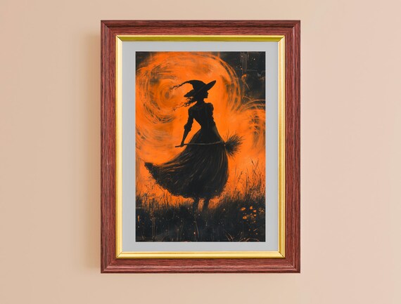 Witch Silhouette Orange Moon Spooky Halloween Dark Vintage Wall Poster