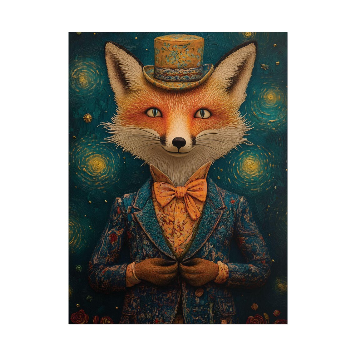 Dapper Fox Top Hat Suit Starry Night Swirly Background Whimsical Art Print - Image 2